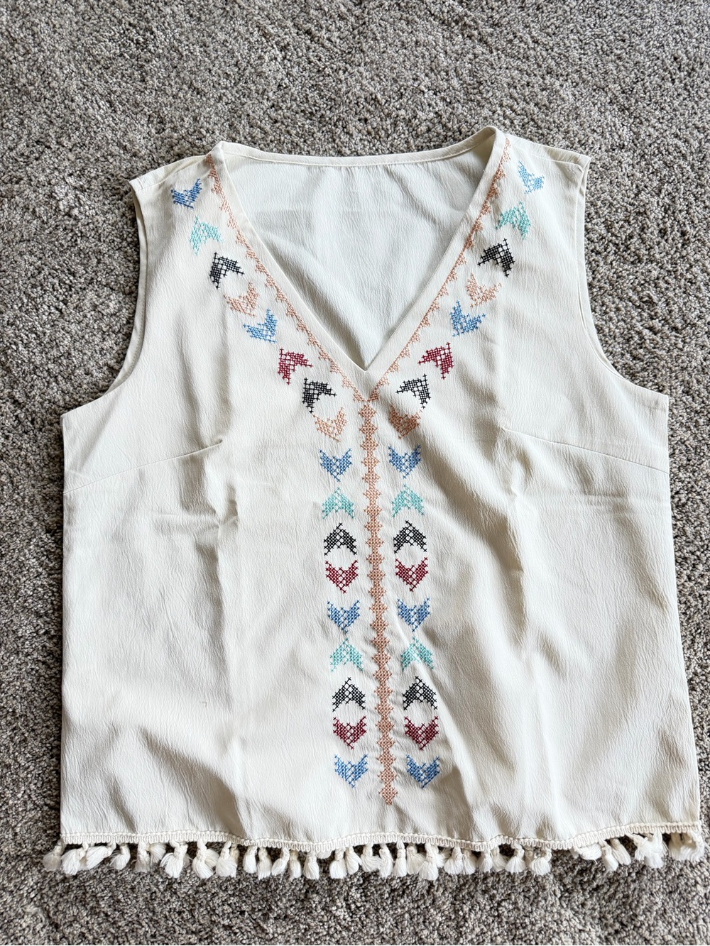 Cream Embroidered V-Neck Tassel Camisole